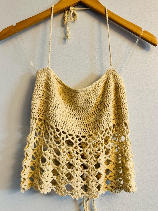 Tic Toc Tops - Tic Toc LA Crochet Open Weave Halter Crop Top Cream Ivory Boho Festival Medium